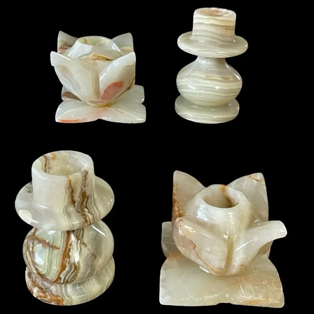 Vintage Set of 4 Elegant Onyx Candle Holders Green Cream Tan